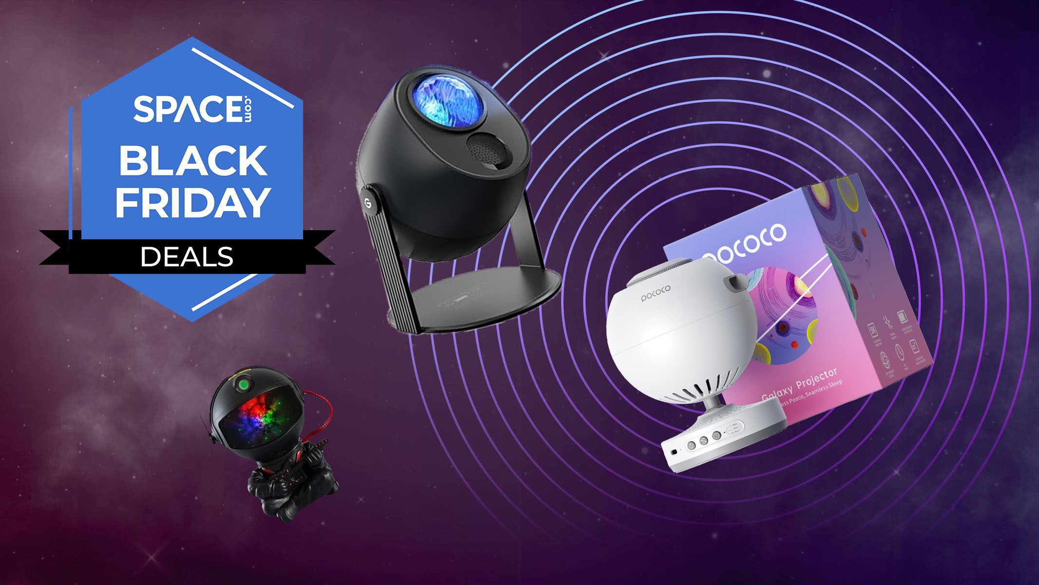 A trio of star projectors in front of a starry background, next to the words "Space Black Friday Deals".