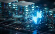 Cyber security concept art showing a virtual circuit board with a shield symbol