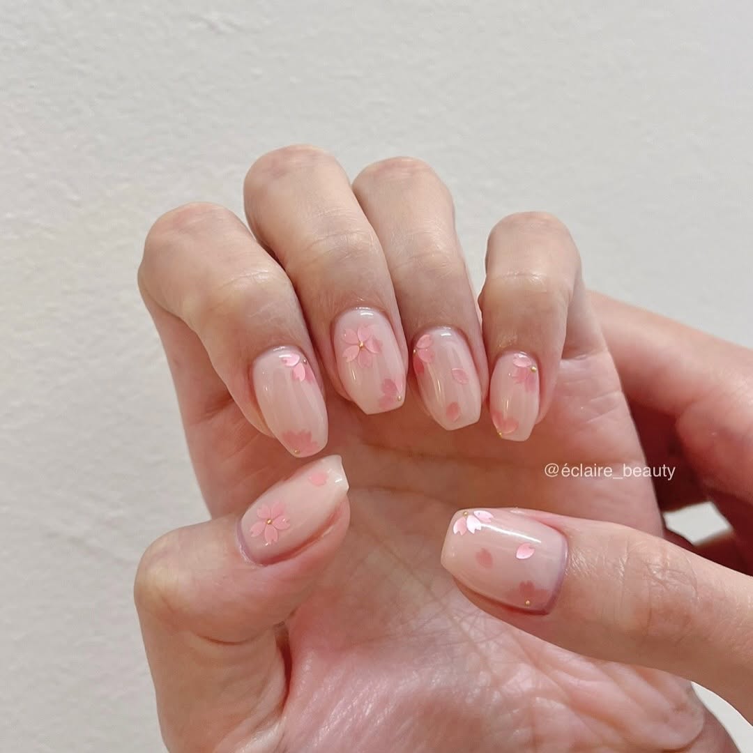 glass nail trend and cherry blossom nails