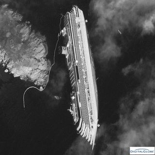 A closeup image of the Costa Concordia cruise ship taken by a DigitalGlobe satellite on Jan. 17, 2012. The luxury cruise ship ran aground in the Tuscan waters off of Giglio, Italy on Friday, January 13, 2012.