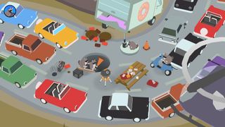 A screenshot of a bunch on raccoons around cars during one of the best feelgood games, Donut County.