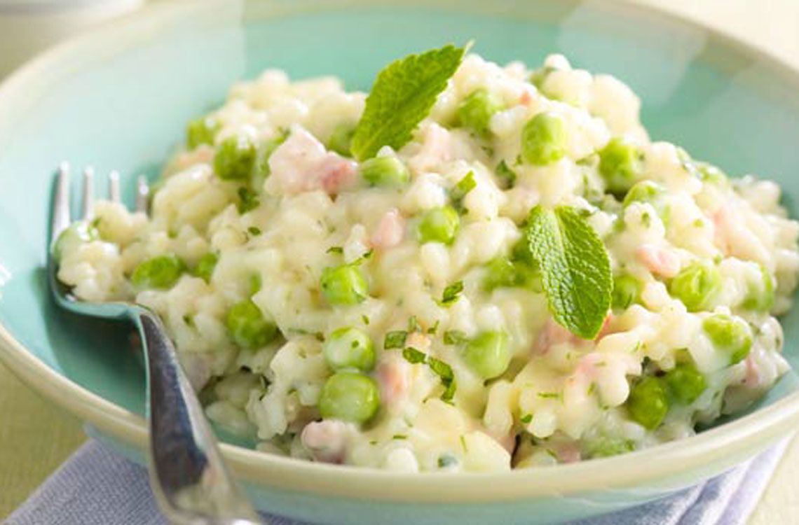 Creamy bacon, pea and mint risotto