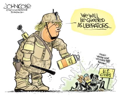 Political Cartoon U.S. Trump protesters Portland liberators Iraq