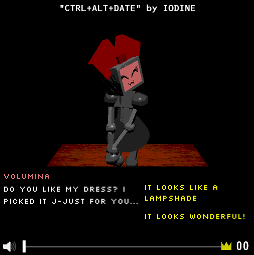 mini dating game screen showing dialogue "Do you like my dress? I picked it just for you" and responses "It looks like a lampshade" or "it looks wonderful."