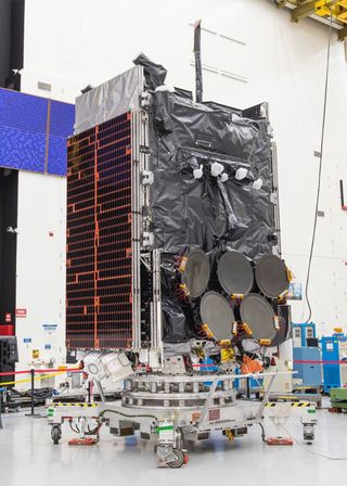 The WGS-10 advanced communications satellite for the U.S. military's Wideband Global SATCOM constellation is seen during launch preparation activities.
