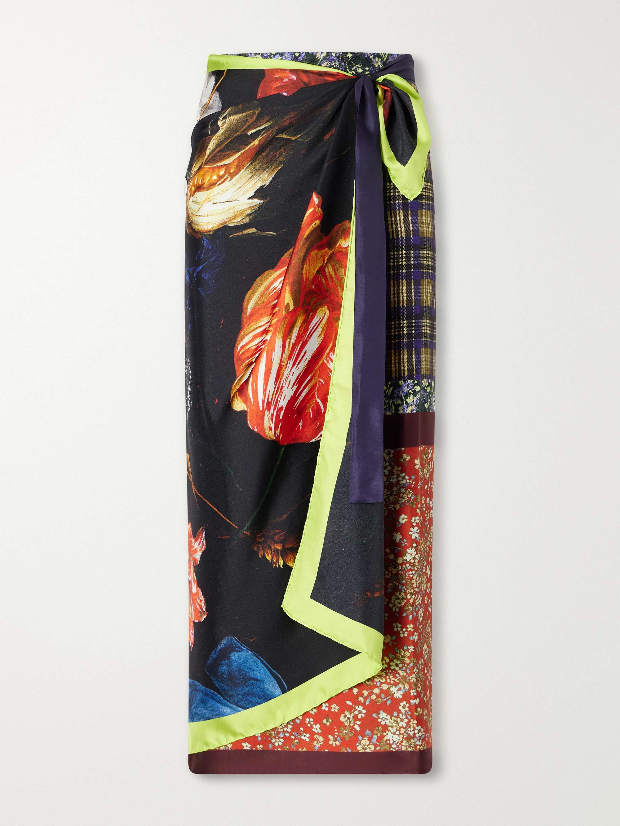 Floral-Print Silk-Satin Wrap Midi Skirt