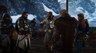 Basim on a ship talking with Sigurd and Eivor