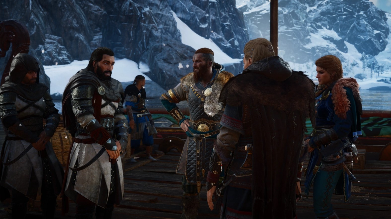 Basim em um navio conversando com Sigurd e Eivor
