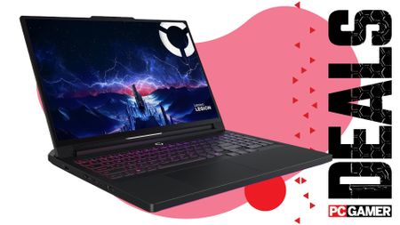 An image of a Lenovo Legion 7i Pro gaming laptop, against a colorful background, with the phrase 'Deals' on the right, above a PC Gamer logo