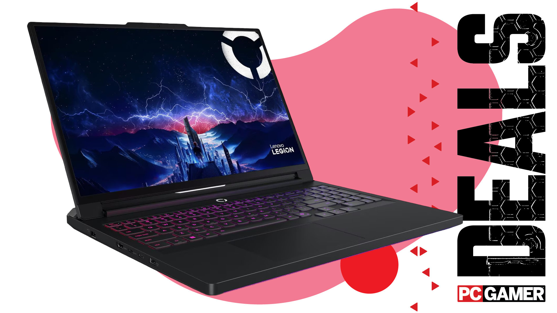 An image of a Lenovo Legion 7i Pro gaming laptop, against a colorful background, with the phrase 'Deals' on the right, above a PC Gamer logo