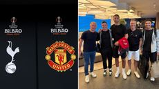 (left) Tottenham Hotspur badge and Manchester United badge under individual Europa League final logos with (right) Paul Scholes, Rory McIlroy, Rio Ferdinand, Darren Fletcher and Harry Diamond posing for a photo