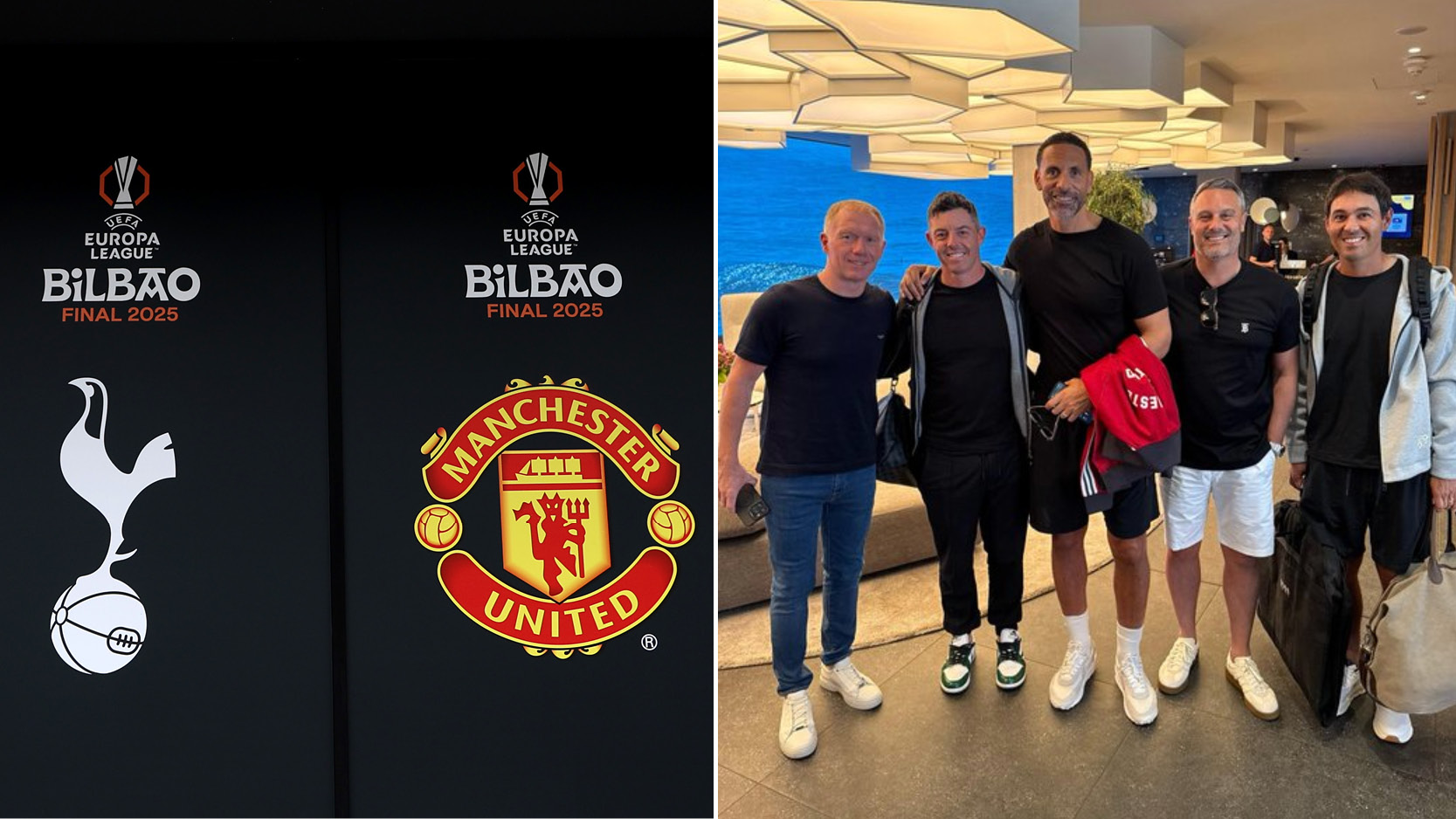 (left) Tottenham Hotspur badge and Manchester United badge under individual Europa League final logos with (right) Paul Scholes, Rory McIlroy, Rio Ferdinand, Darren Fletcher and Harry Diamond posing for a photo