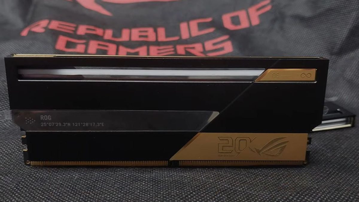 A stick of Asus ROG Edition 20 RAM standing upright in front of a Republic of Gamers cloth bag
