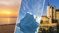 three panel image from left to right: sunset over a sandy beach. a large iceberg reflected in water below and a castle with tall turrets.