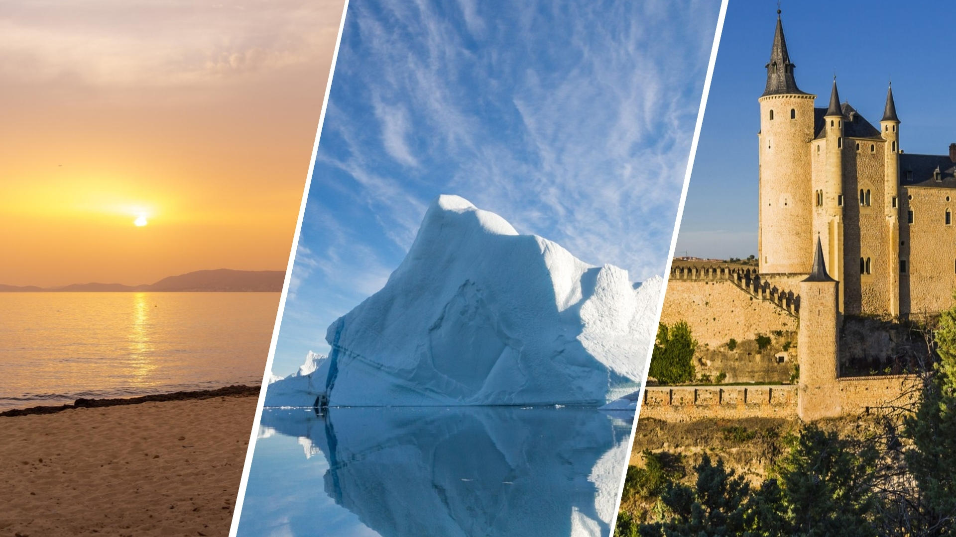 three panel image from left to right: sunset over a sandy beach. a large iceberg reflected in water below and a castle with tall turrets.