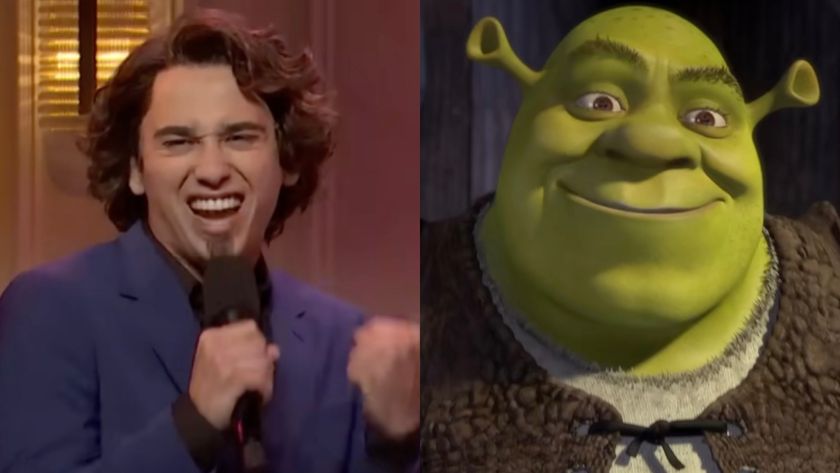 Marcello Hernández as Domingo and Shrek in a side-by-side photo.