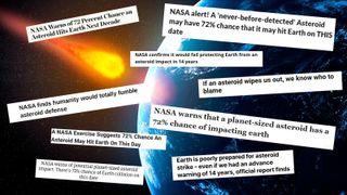 Misleading newspaper headlines pasted over a stock image of an asteroid impact.