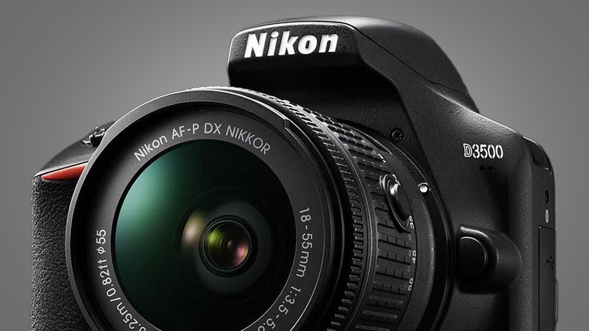 The NIkon D3500 DSLR on a grey background