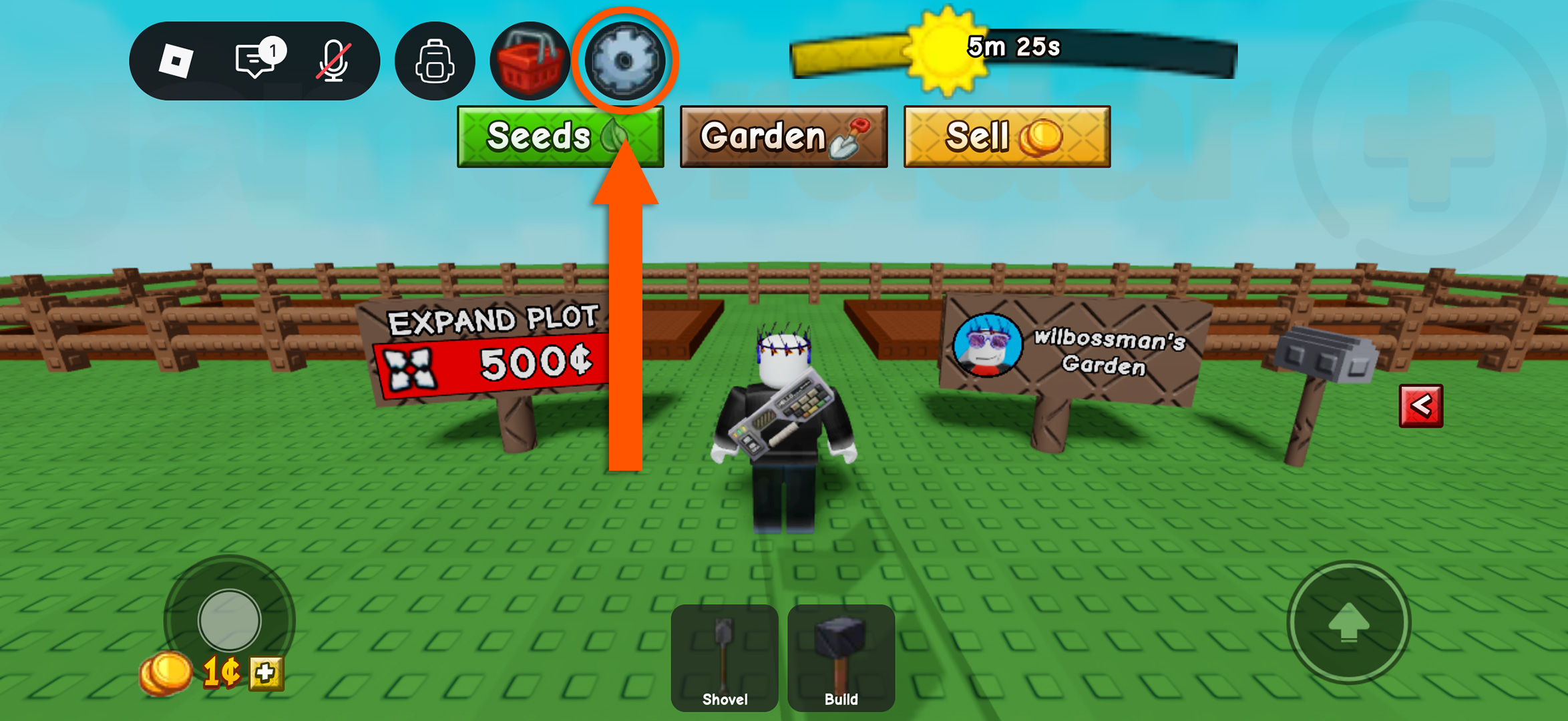 An arrow shows how to access the Settings menu to redeem Grow a Garden 2 codes
