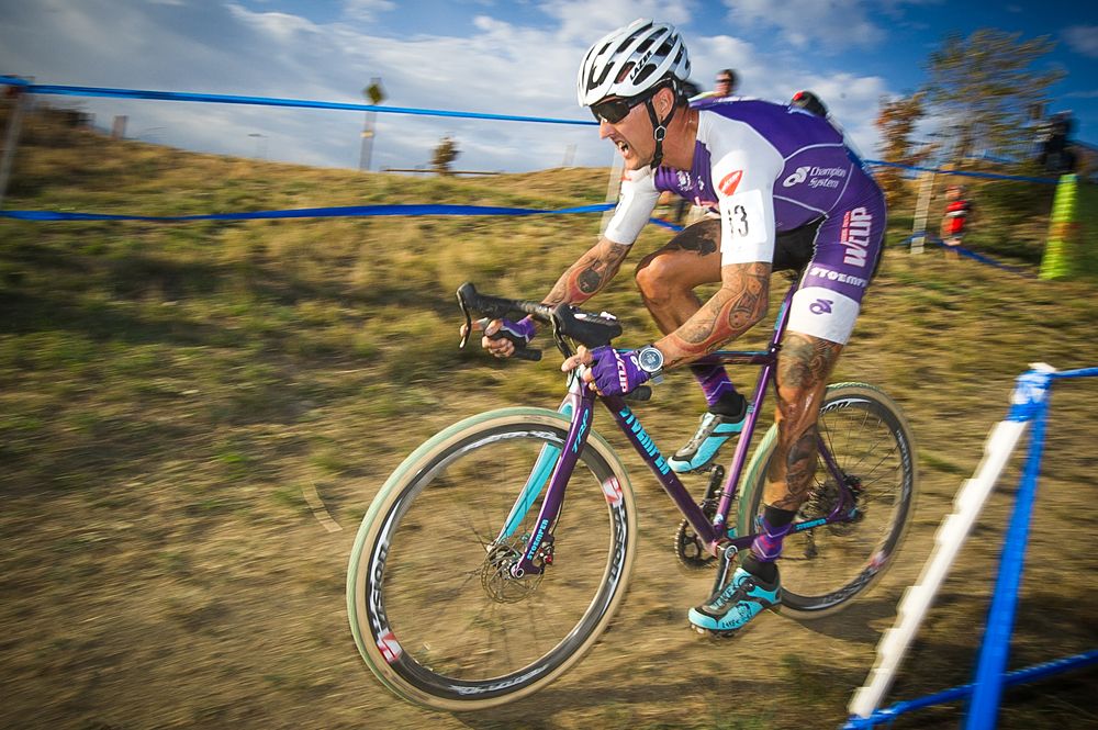 Ben Berden (WCUP) riding with the leaders on a bumpy descent.