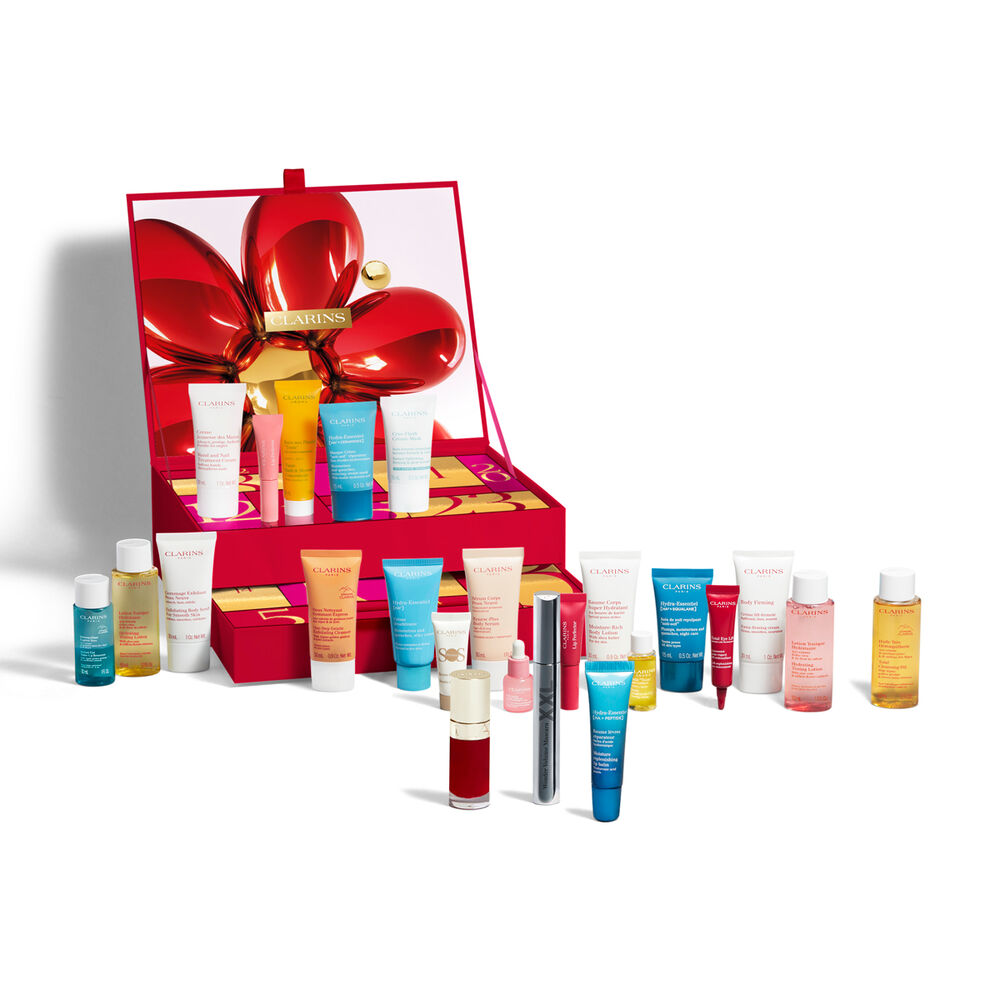 Clarins 24 Day Advent Calendar 2026 with its contents in front