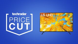 LG UQ75 TV on a blue background