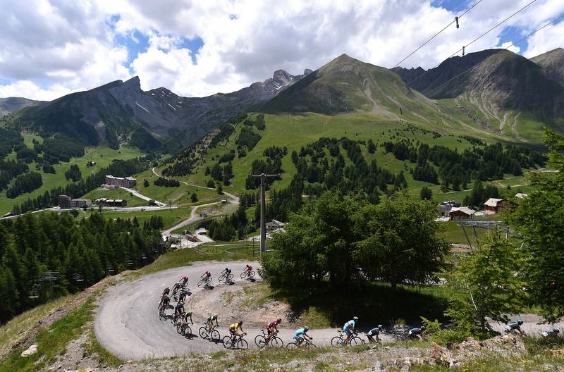 The peloton riding up the Col d'Allos today