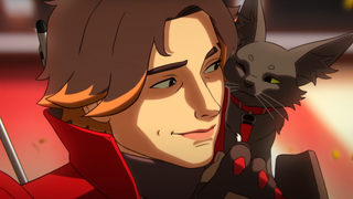 Prodigy, a character in Apex Legends, looks with a warm smile to their feline companion.