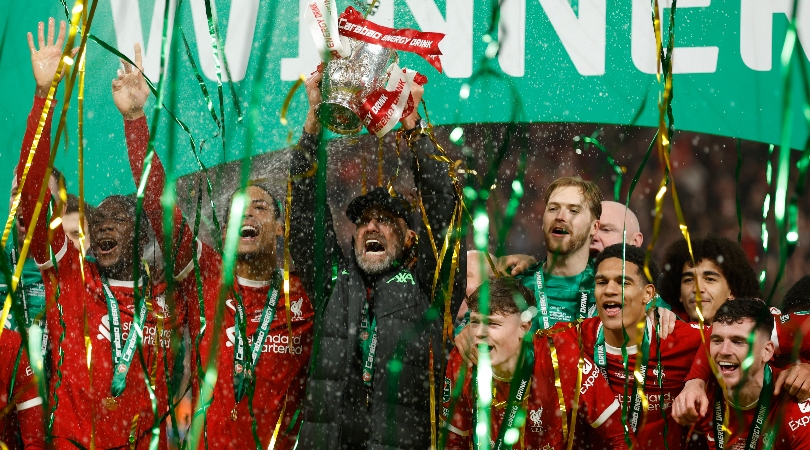 Liverpool players and manager Jurgen Klopp celebrate the Reds' League Cup final win over Chelsea in February 2024.