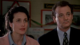 Andie MacDowell and Bill Murray in a side-by-side photo from the movie Groundhog Day. 
