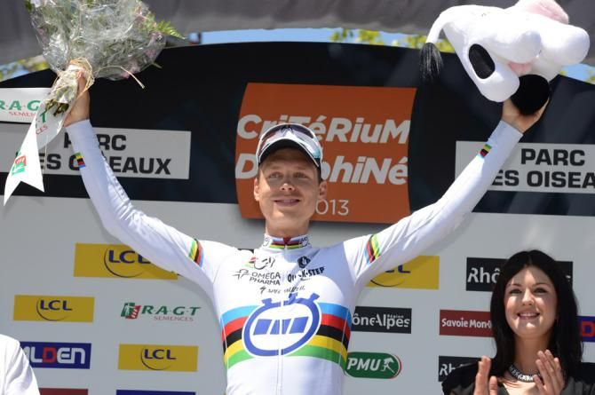 Time trial world champion Tony Martin (Omega Pharma-QuickStep) on the podium after winning stage 4 at the Crit&eacute;rium du Dauphin&eacute;