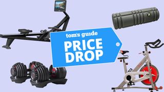 Rower, adjustable dumbbells, foam roller, and an exercise bike