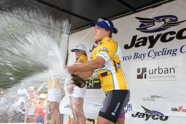 Chloe Hosking (Total Rush) in the race leader's jersey for another day