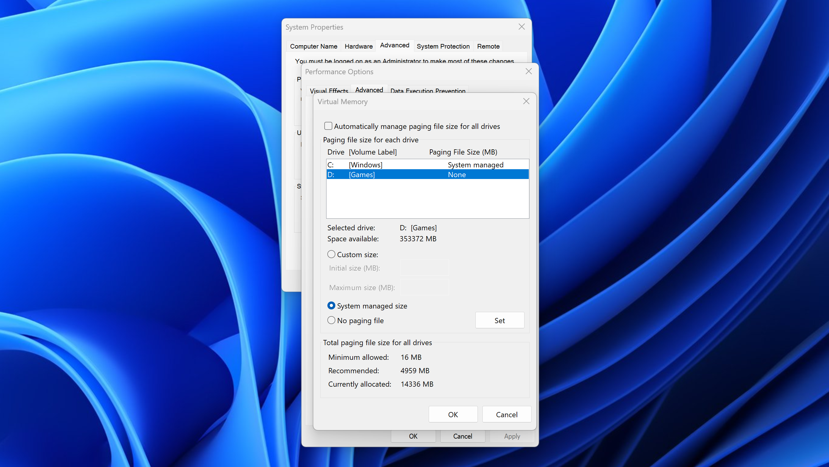 Windows 11 screenshot showing how to use virtual memory