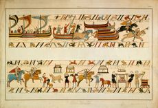 A scene from the Bayeux Tapestry depicting the Norman Invasion of 1066. Here, William the Conqueror's troops land at Pevensey and make their way to Hastings. (Photo by Hulton Archive/Getty Images)