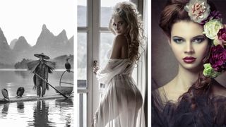 Black and white travel portrait of cormorant fisherman on lake against backdrop of hills, Model in robe backlit against balcony window, and Studio portrait of model with white, purple and green flowers in hair