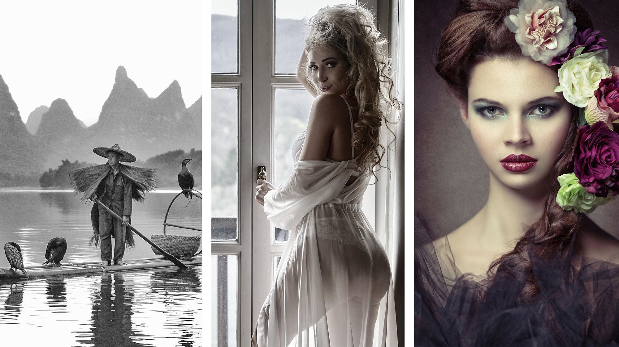 Black and white travel portrait of cormorant fisherman on lake against backdrop of hills, Model in robe backlit against balcony window, and Studio portrait of model with white, purple and green flowers in hair 
