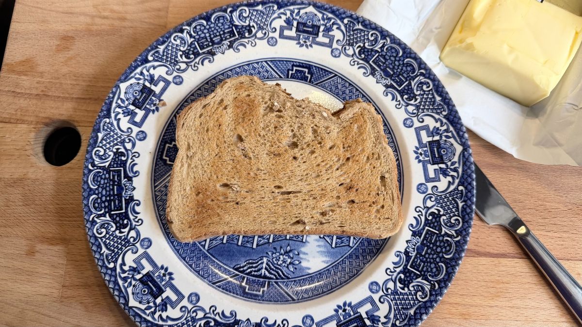 Toast on a blue plate, after being cooked in the KitchenAid Pro Line toaster