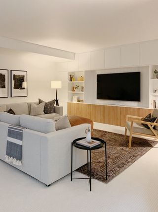 Built-in living room storage with doors wooden and white doors from Semihandmade