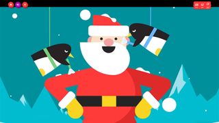 A still from the intro video to Google's 2023 Santa tracker showing Santa and two penguins