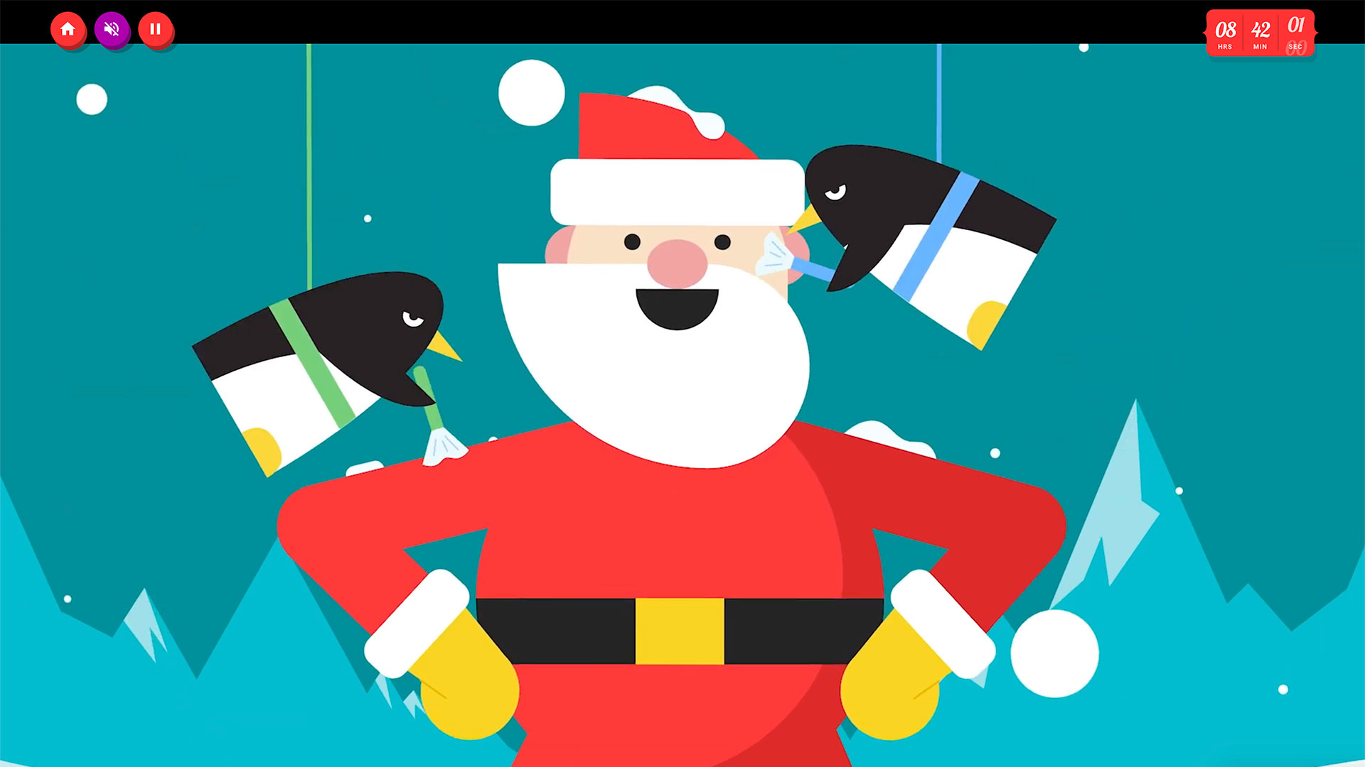 A still from the intro video to Google's 2022 Santa tracker showing Santa and two penguins