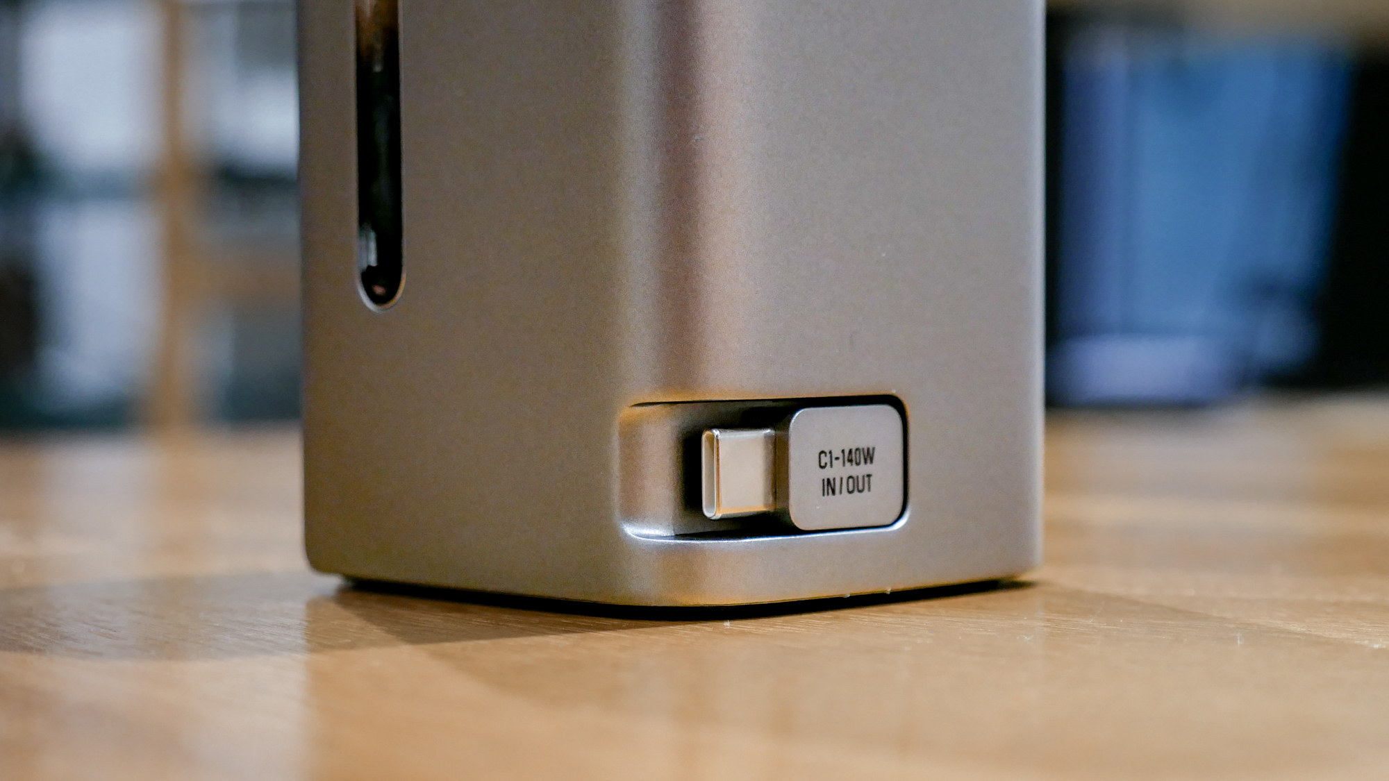 EcoFlow RAPID Pro Power Bank 27,650 mAh retractable USB-C cable closeup.