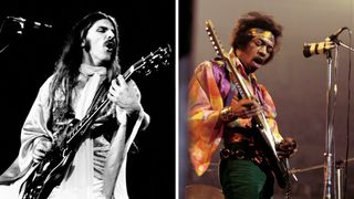 Left-Frank Marino and Mahogany Rush perform on stage at Hammersmith Odeon, London, England, on December 3rd, 1977; Right-American rock guitarist and singer Jimi Hendrix (1942-1970) performs live on stage playing a black Fender Stratocaster guitar with The Jimi Hendrix Experience at the Royal Albert Hall in London on 24th February 1969