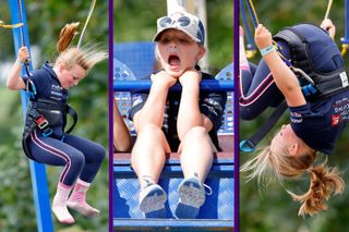 Mia Tindall on bungee trampoline, Mia on a ferris wheel, and Mia spinning upside down on bungee trampoline