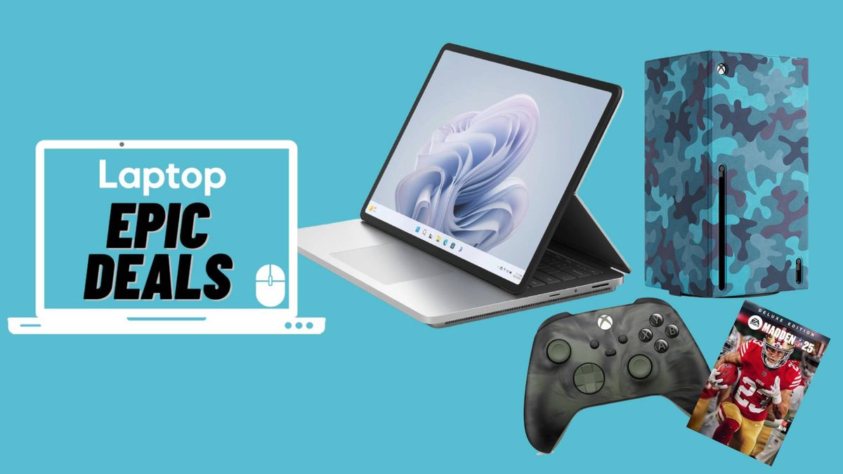 Microsoft Store deals - Surface Laptop 2, xbox controller xbox series x skin and Madden nfl game cover art against blue background