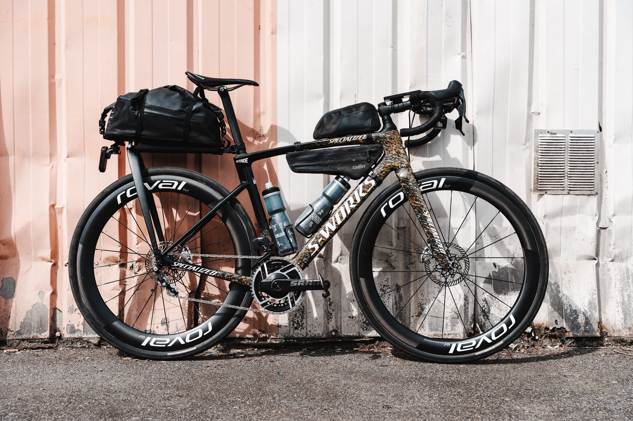Jack Thompson's custom Specialized Roubaix SL8 painted in OUTRIDE charity colours, loaded up and ready to go for his Project 1903 route challenge.