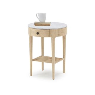 Loaf Mini Marmo bedside table in oak with marble top cut out image with mug on top