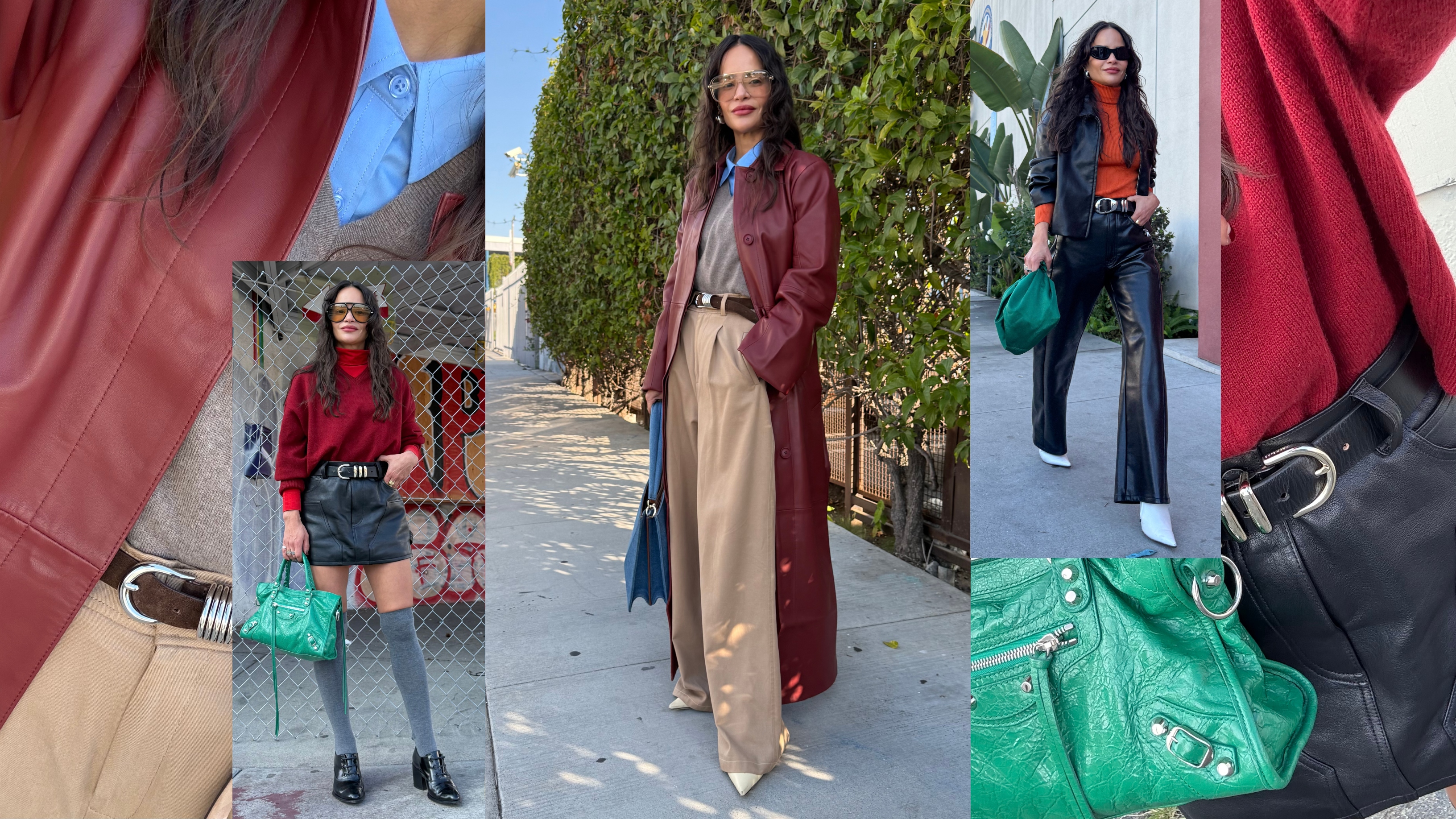 collage of Sophie Lopez wearing leather outfits 