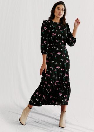 M&S x Ghost Floral Frill Detail Midi Tea Dress - an example of a black dress suitable for a wedding