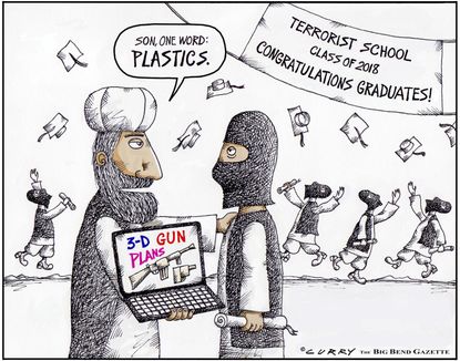 Political cartoon U.S. 3-D printing plastic guns terrorism airplane